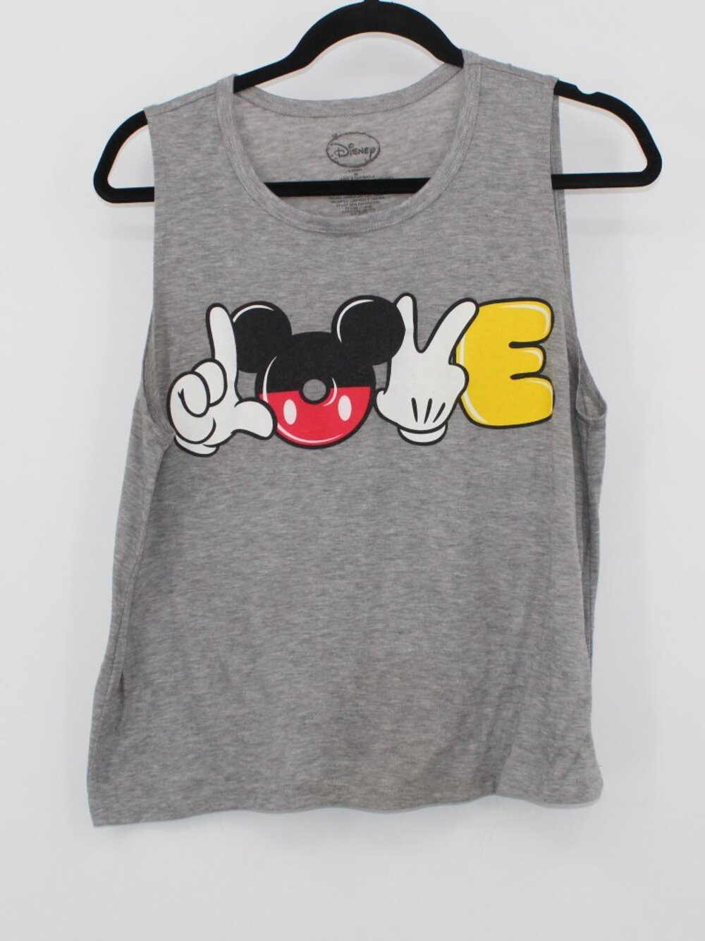 DISNEY Mickey Mouse LOVE Graphic Tank Top Sleeveless Gray Sz Med Summer Vacation